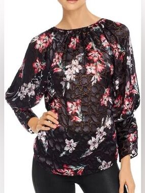 Rebecca Taylor Womens Black Sheer Floral Silk Blend Long Sleeve Blouse Size 8